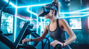 Young woman engages in a virtual reality fitness activity using a VR headset, photo