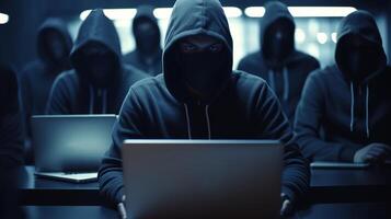 hackers con sudaderas con capucha hacker grupo equipo en frente ordenador portátil en moderno oficina, generativo ai foto