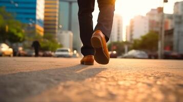 empresario caminar en la carretera y comienzo a éxito, cerca arriba Zapatos caminando, objetivo y objetivo concepto, generativo ai foto