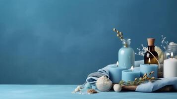 natural cosmetics, ingredients and bathroom or spa accessories arranged on banner background, photo