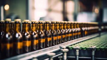 cerveza botellas en producción línea con grande máquina a bebida fábrica interior, máquina trabajando botellas producción línea, generativo ai foto