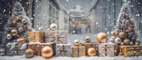 Navidad bandera fondo, Clásico regalo cajas y pelotas en lleno con nieve, generativo ai foto