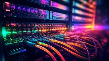 fibra óptico cable Internet con grande base de datos servidores conexión línea, generativo ai foto