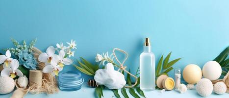 natural cosmetics, ingredients and bathroom or spa accessories arranged on blue banner background, photo