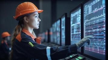 ingeniero mujer en la seguridad casco y uniformes en grande pantalla monitor computadora trabajando controlar máquina en fábrica, generativo ai foto