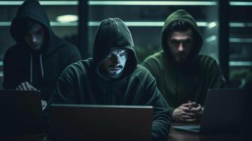 Hackers with hoodies. Hacker group team in front laptop in modern office, photo