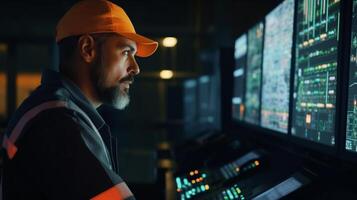 ingeniero hombre en la seguridad casco y uniformes en grande pantalla monitor computadora trabajando controlar máquina en fábrica, generativo ai foto