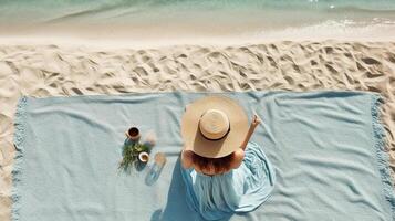 arenoso playa con mujer y azul mar como fondo, generativo ai foto
