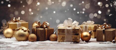 Christmas banner background, vintage gift boxes and balls on wood table full with snow, photo