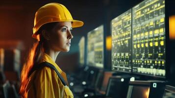 ingeniero mujer en la seguridad casco y uniformes en grande pantalla monitor computadora trabajando controlar máquina en fábrica, generativo ai foto