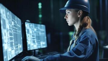 ingeniero mujer en la seguridad casco y uniformes en grande pantalla monitor computadora trabajando controlar máquina en fábrica, generativo ai foto