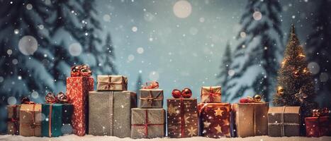 Christmas banner background, vintage gift boxes and balls on wood table full with snow, photo