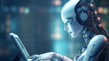 Woman Robot Chat GPT Artificial Intelligence chat bot by Open AI. Futuristic high technology in future, photo