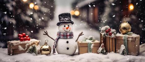 Christmas banner background, small snowman with vintage gift boxes on wood table full with snow, photo