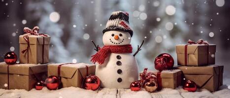 Christmas banner background, small snowman with vintage gift boxes on wood table full with snow, photo