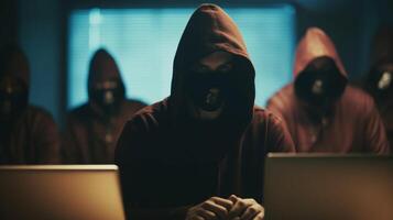 Hackers with hoodies with dark face mask. Hacker group team in front laptop in modern office, photo