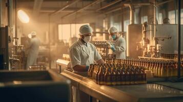 personal vistiendo cara máscara y uniforme trabajando en cerveza botellas en producción línea con grande máquina a bebida fábrica interior, máquina trabajando botellas producción línea, generativo ai foto