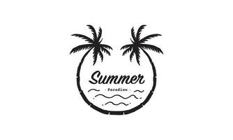 Vacaciones de verano en la etiqueta de la puesta del sol en la playa tropical, con palmeras, ilustración vectorial vector