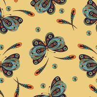 Seamless pattern with hand drawn butterfly  on yellow background. vector