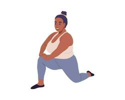 joven africano mujer tomando un pilates o yoga aptitud clase aislado en un blanco antecedentes. deporte bienestar personas estilo de vida concepto. vector ilustración