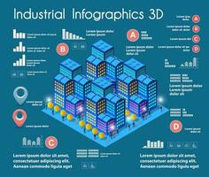 3D illustration city isometric three-dimensional infographics including skyscrapers, homes and stores with streets and trees in the area of the town with the business conceptual graphs and diagrams vector