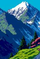 paisaje 8 bits píxel Arte. verano natural paisaje montaña paisaje arcada vídeo juego antecedentes vector