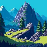 Landscape 8bit pixel art. Summer natural landscape mountain scenery arcade video game background vector