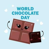 Two hugging chocolates for world chocolate day on blue background with lettering on top vector