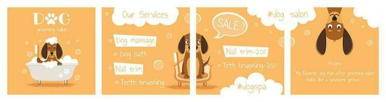 Dog grooming salon carousel post. Business lettering for dog grooming. Cartoon vector illustration.