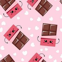 Pink seamless pattern of kawaii chocolate bars and white hearts for World Chocolate Day vector