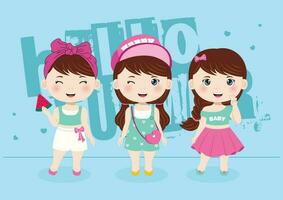 A bundle of three summer girls in a blue background vector