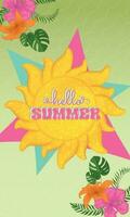 Hello summer vertical template with sun and seasonal leaves Vector