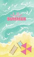 Top view of a beach with umbrella Hello summer vertical template Vector