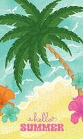 Colored beach with flowers and palm tree Hello summer vertical template Vector