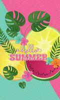 Pair of lemons and watermelon Hello summer vertical template Vector