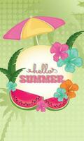 Isolated badge with flowers and watermelons Hello summer vertical Vector