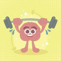 Isolated cute happy brain cartoon character doing weightlifting Vector