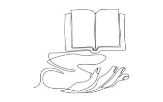 Hand holding a book, one line drawing vector