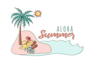 Summer time. Aloha summer lettering with items. Hand drawn typography poster, greeting card, bags, for t-shirt design, vector illustration.