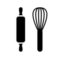 Whisk and rolling pin. Black kitchen steel equipment for mixing cooking ingredients and whisking eggs with cream and and rolling dough for vector baking