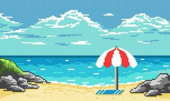 Pixel tropical beach with striped umbrella background. Colorful sandy beach with gray stones and green grass. Fluffy blue clouds in sky and white surf foam in vector ocean