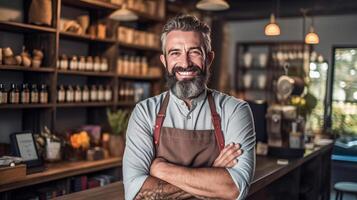 Bearded barista in pub. Illustration photo