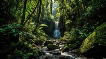 cascada en tropical bosque. ilustración ai generativo foto