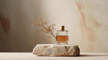 Perfume bottle on natural stone background. Illustration photo