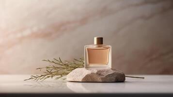 Perfume bottle on natural stone background. Illustration photo