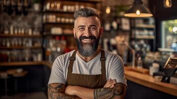 Bearded barista in pub. Illustration photo