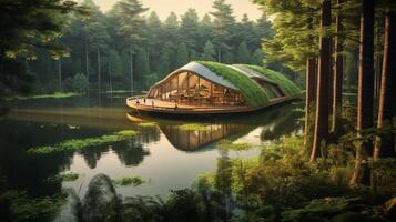 Form of a house-shaped pond located in a lush forest Illustration photo