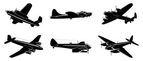 WWII Bombers silhouettes collection isolated on white. Vector cliparts.