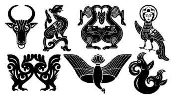 Set of Ancient Slavic Animal Designs. Vector silhouettes isolated on white.