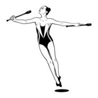 rítmico gimnasia. mujer con clubs. vector tinta estilo contorno dibujo. sombra es el separar objeto.